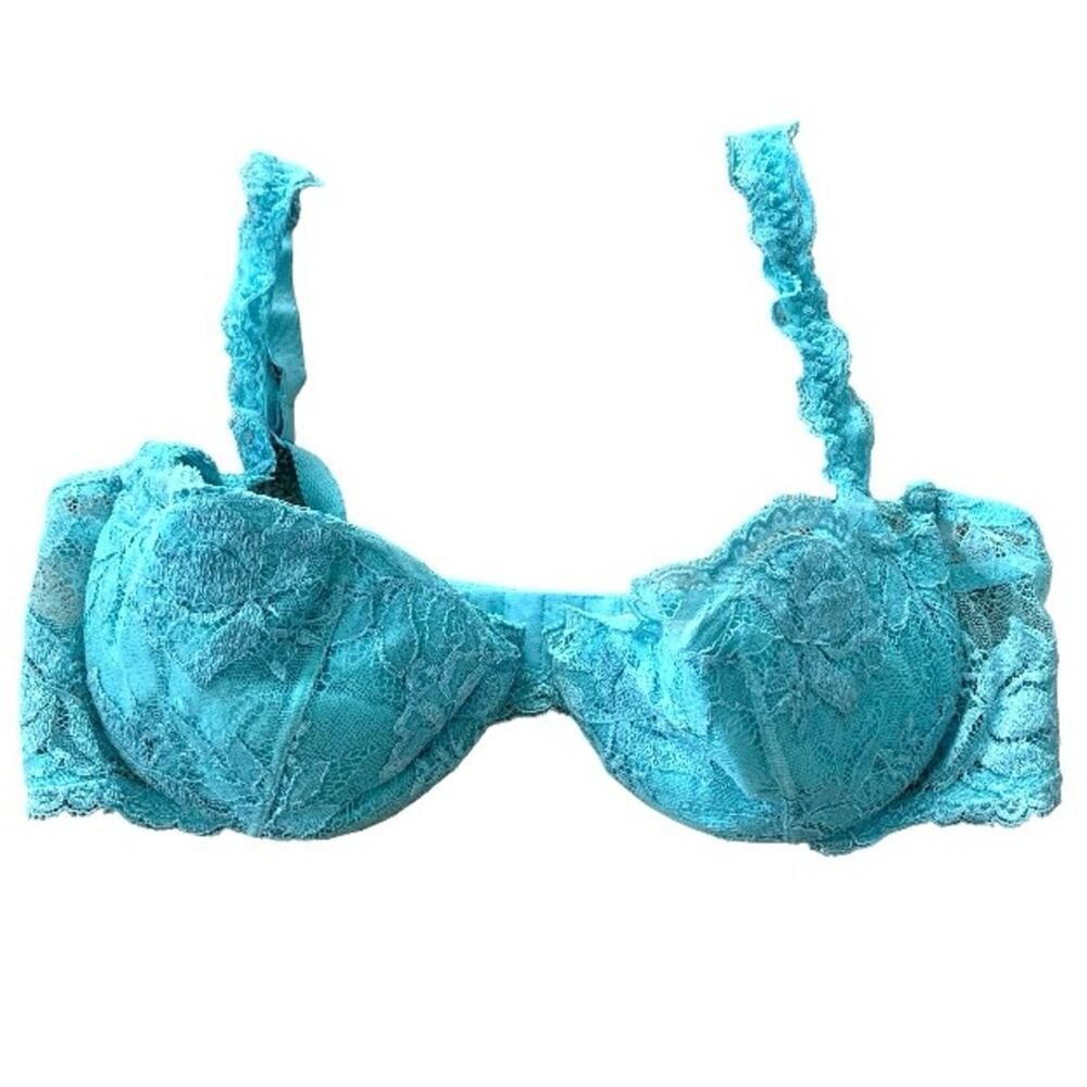La Perla Floral Lace Lined Balconette Plunge Underwire Bra Turquoise 36C Italy